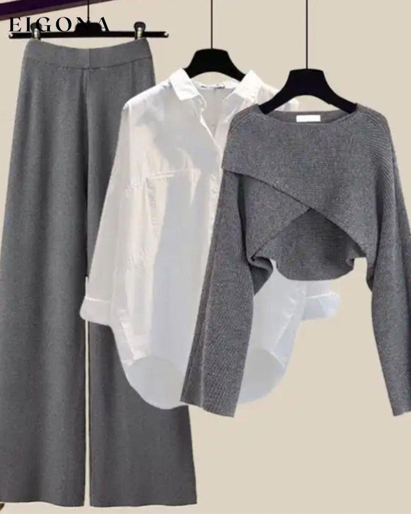 Cross solid color three piece set Gray Sweater + White Shirt + Gray Pants 2023 f/w 23BF set sets spring two-piece sets