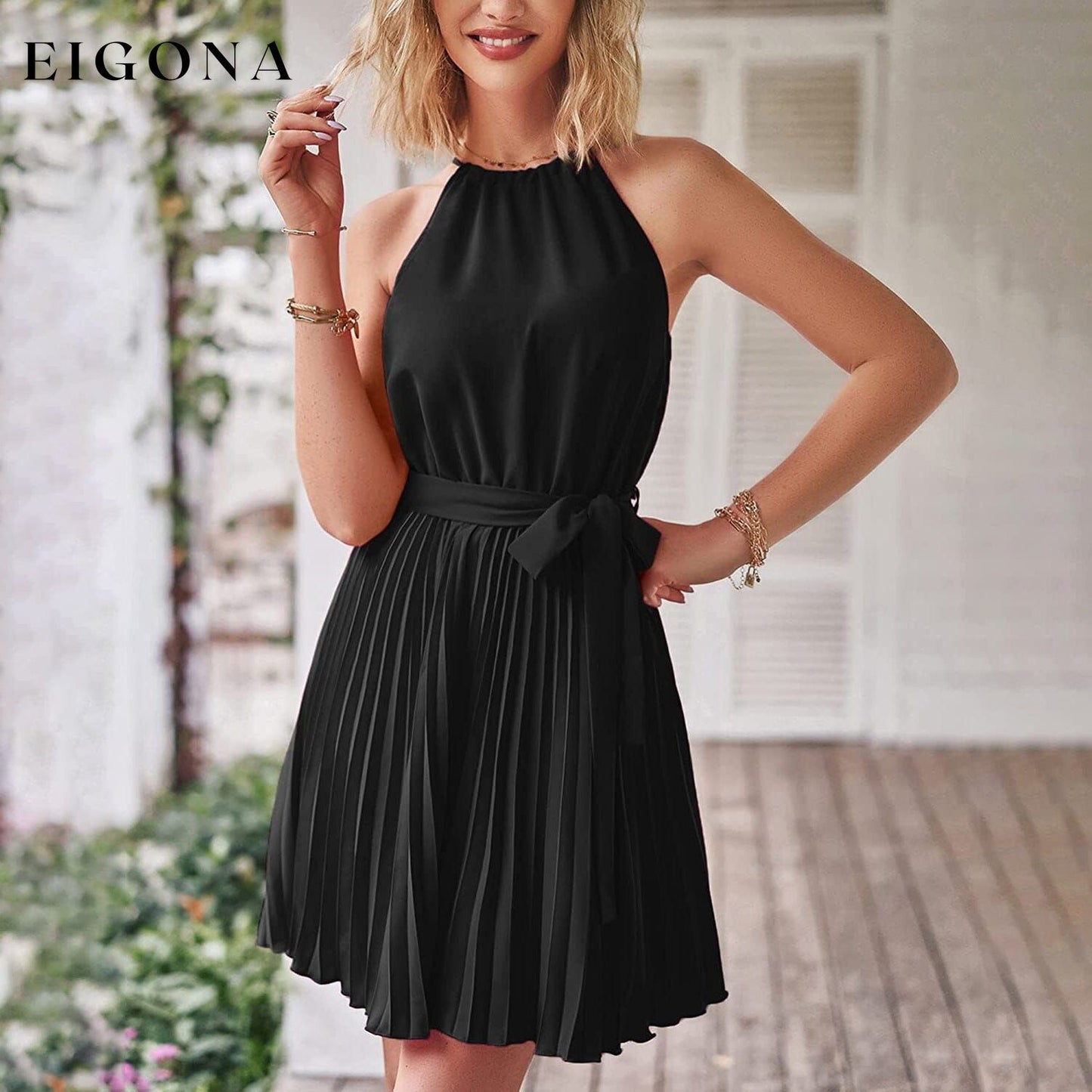 Casual Halter Neck A-Line Dress Sleeveless Belted Swing Pleated Cocktail Party Beach Mini Dresses __stock:200 casual dresses clothes dresses refund_fee:1200