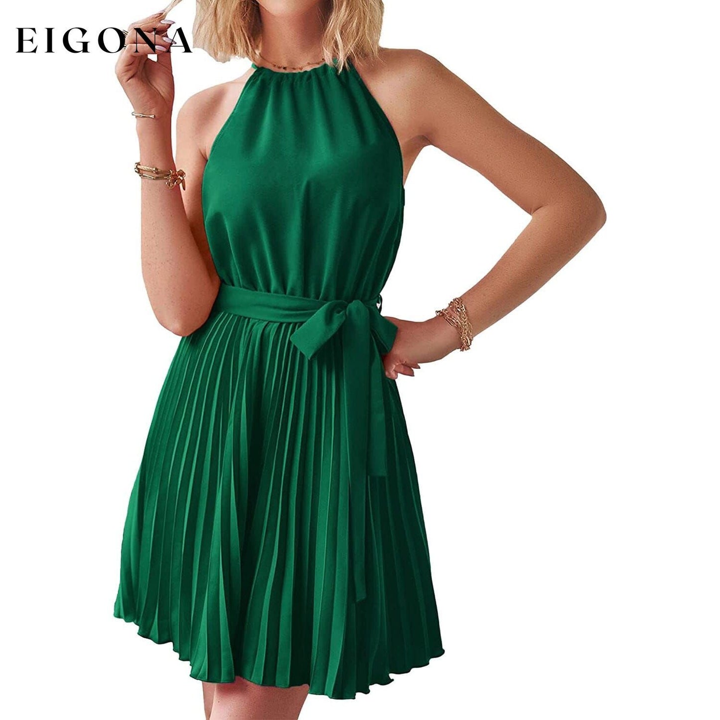 Casual Halter Neck A-Line Dress Sleeveless Belted Swing Pleated Cocktail Party Beach Mini Dresses Green __stock:200 casual dresses clothes dresses refund_fee:1200