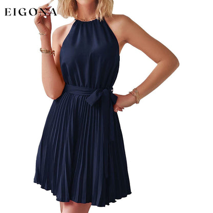 Casual Halter Neck A-Line Dress Sleeveless Belted Swing Pleated Cocktail Party Beach Mini Dresses Navy __stock:200 casual dresses clothes dresses refund_fee:1200