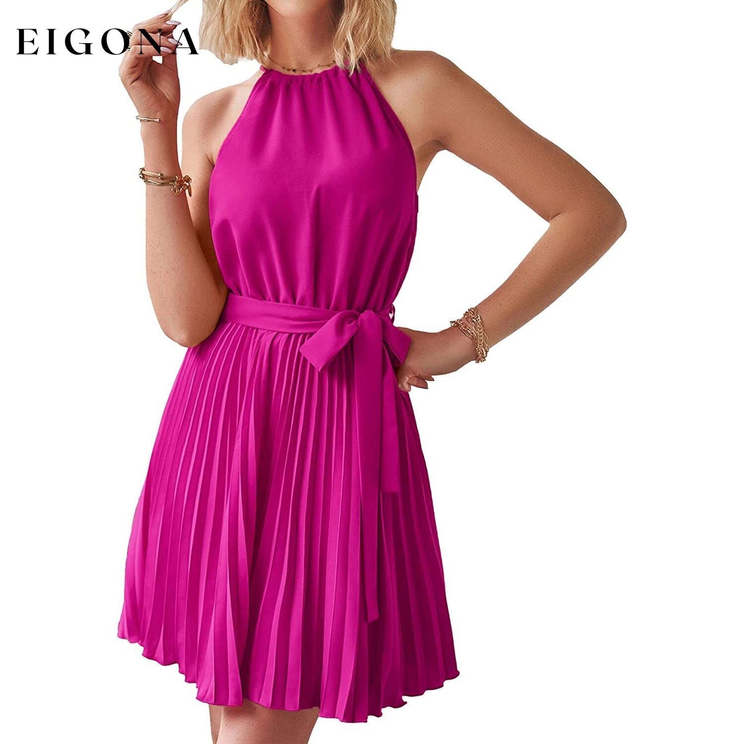 Casual Halter Neck A-Line Dress Sleeveless Belted Swing Pleated Cocktail Party Beach Mini Dresses Purple Red __stock:200 casual dresses clothes dresses refund_fee:1200