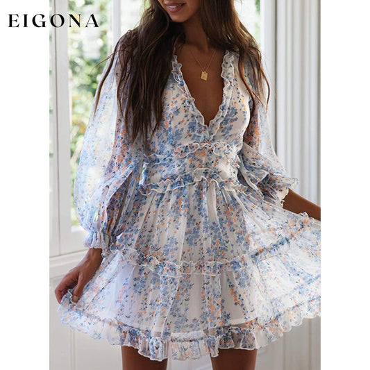 Womens Spring Summer Deep V Neck Ruffle Long Sleeve Floral Print Mini Dress casual dresses clothes dresses refund_fee:1200