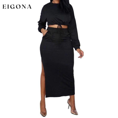 Ladies Crop Top and Split Long Skirt Black __stock:500 casual dresses clothes dresses refund_fee:1200