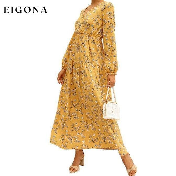 Long Sleeve Fashion Casual High Waist Maxi Dress Slim Floral Print V Neck Yellow __stock:500 casual dresses clothes dresses refund_fee:1200