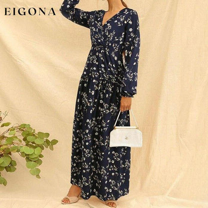 Long Sleeve Fashion Casual High Waist Maxi Dress Slim Floral Print V Neck __stock:500 casual dresses clothes dresses refund_fee:1200