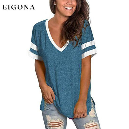 Womens Tops Striped Short Sleeve V Neck Tee T Shirts Blue __stock:200 clothes refund_fee:800 tops