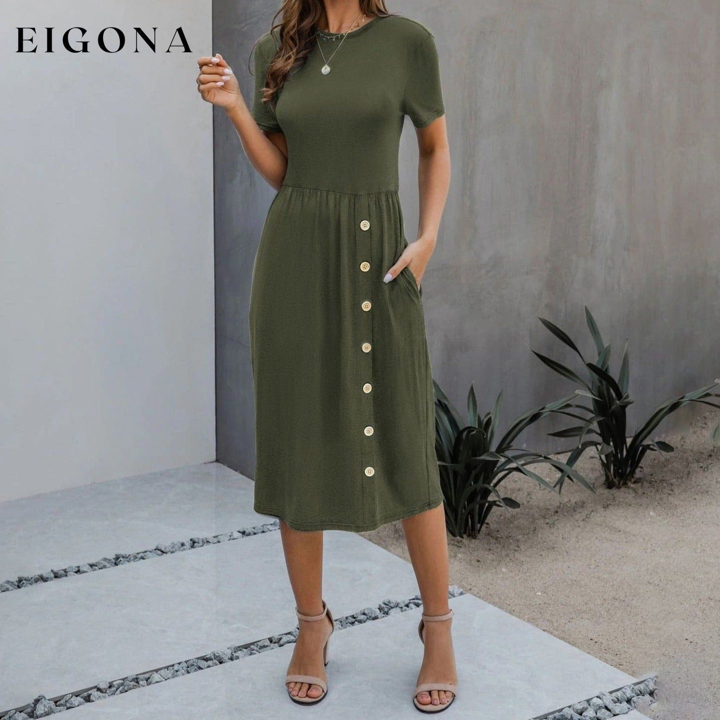 Slant Pocket Button Detail Dress Army Green __stock:200 casual dresses clothes dresses refund_fee:1200 show-color-swatches