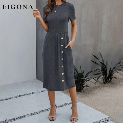 Slant Pocket Button Detail Dress Dark Gray __stock:200 casual dresses clothes dresses refund_fee:1200 show-color-swatches