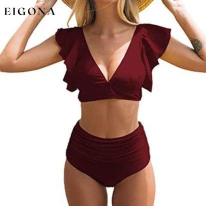 Sporlike Women Ruffle High Waist Swimsuit Red __stock:500 lingerie Low stock refund_fee:800 show-color-swatches