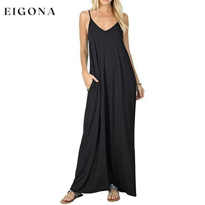 Stokeen Women's Summer Casual Plain Spaghetti Strap Maxi Dress Black __stock:200 casual dresses clothes dresses refund_fee:1200 show-color-swatches