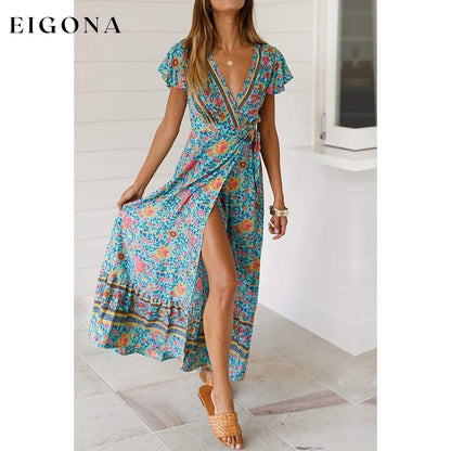 Women Boho Summer Side Split Deep V Neck Short Sleeves Maxi Dress with Belt __stock:350 casual dresses clothes dresses refund_fee:1800