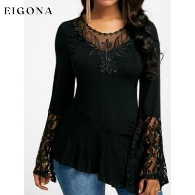 Women Casual Irregular T-shirt with Long-sleeved Lace Stitching Plus Size Shirts Black __stock:50 clothes refund_fee:800 tops