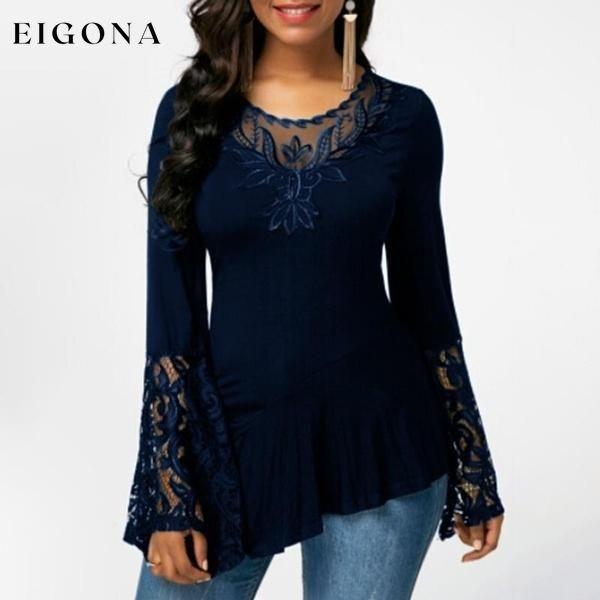 Women Casual Irregular T-shirt with Long-sleeved Lace Stitching Plus Size Shirts Navy __stock:50 clothes refund_fee:800 tops