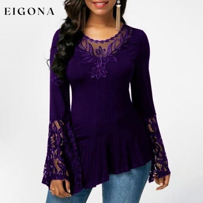 Women Casual Irregular T-shirt with Long-sleeved Lace Stitching Plus Size Shirts Purple __stock:50 clothes refund_fee:800 tops