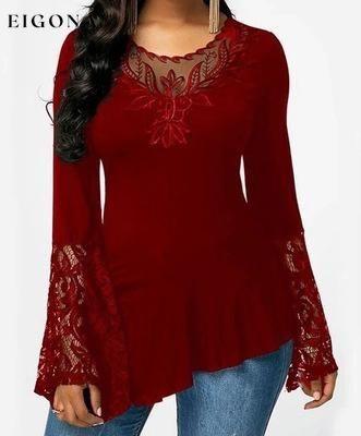 Women Casual Irregular T-shirt with Long-sleeved Lace Stitching Plus Size Shirts Red __stock:50 clothes refund_fee:800 tops