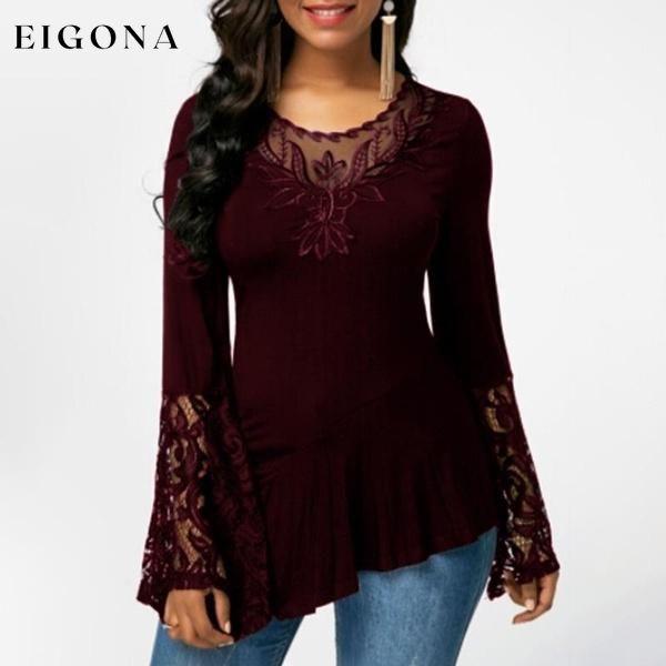 Women Casual Irregular T-shirt with Long-sleeved Lace Stitching Plus Size Shirts Wine Red __stock:50 clothes refund_fee:800 tops
