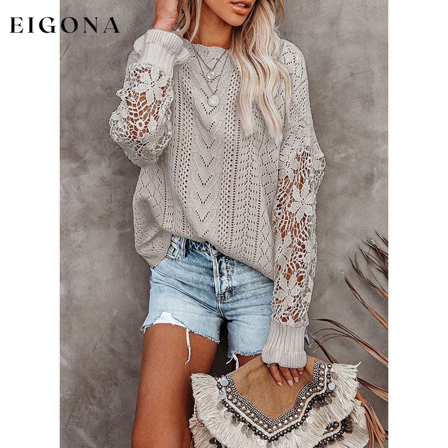 Women Lace Crew Neck Sweater clothes refund_fee:1200 tops