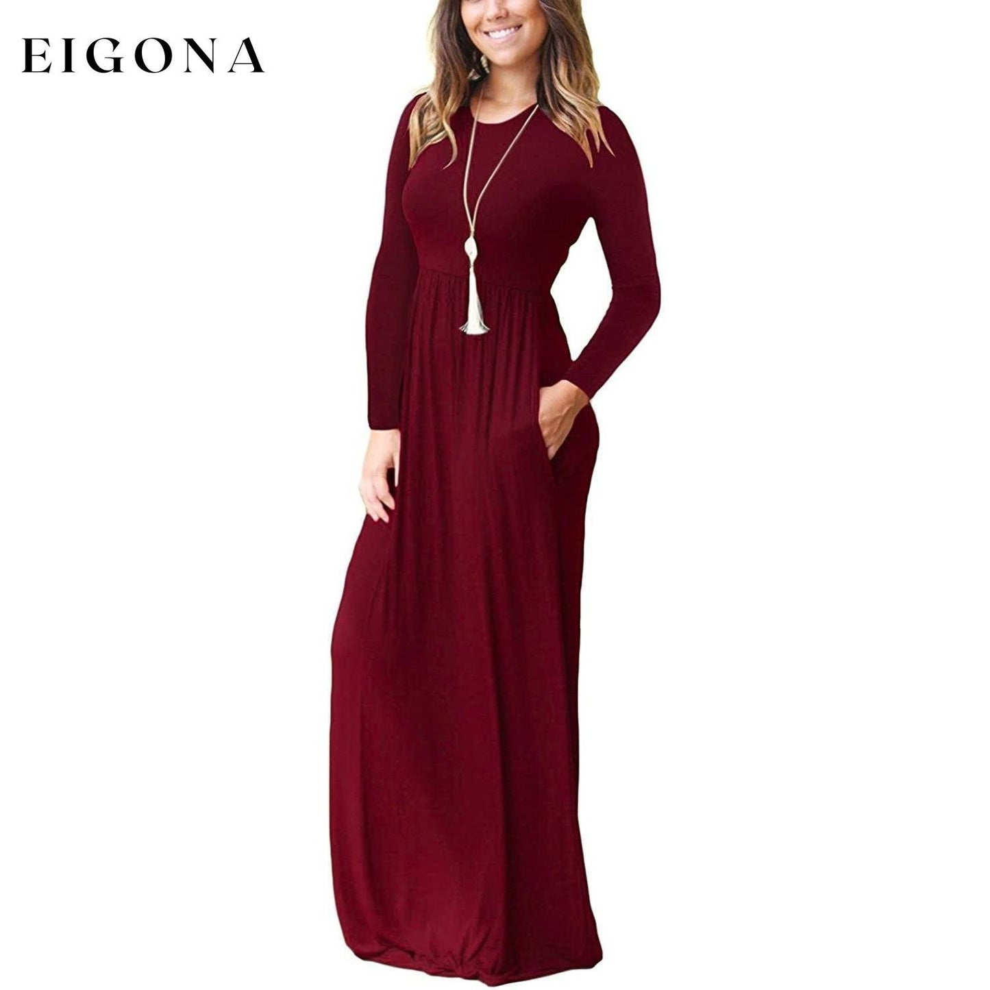 Women Long Sleeve Loose Plain Maxi Dresses Casual Long Dresses with Pockets __stock:500 casual dresses clothes dresses refund_fee:1200 show-color-swatches