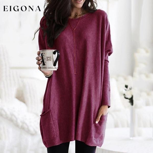 Women Long Sleeve Top Casual Pocket T-Shirt Wine Red __stock:50 clothes refund_fee:1200 tops