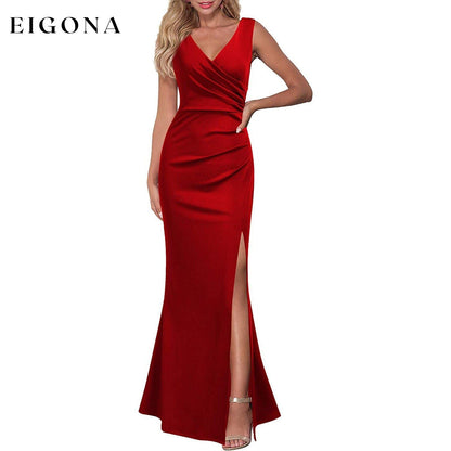 Women Sleeveless V Neck Split Evening Cocktail Long Dress Red __stock:200 casual dresses clothes dresses refund_fee:1200