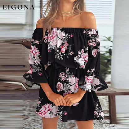 Women's 3/4 Length Sleeve Floral Ruffle Summer Spring Off Shoulder Dress Black __stock:200 casual dresses clothes dresses refund_fee:1200