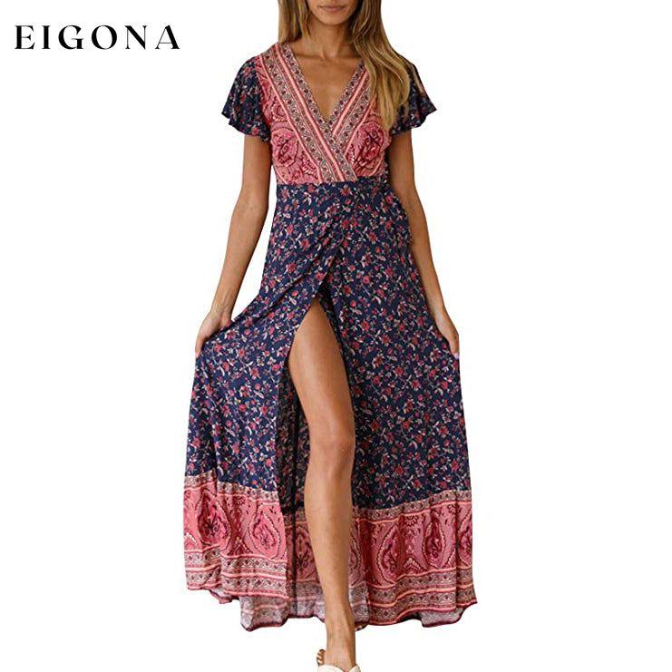 Women's Bohemian Floral Printed Wrap V Neck Maxi Dress Navy Red __stock:200 casual dresses clothes dresses refund_fee:1200