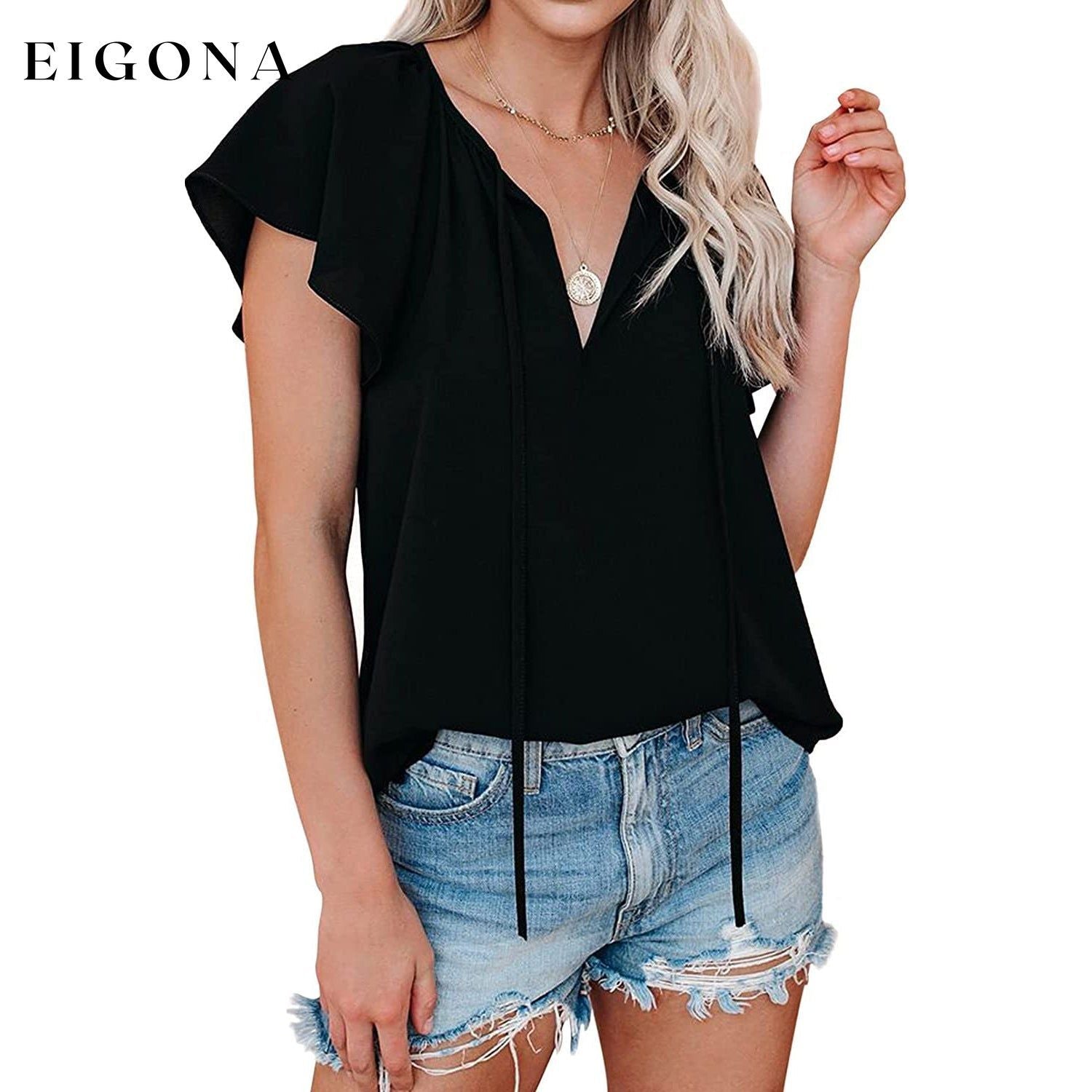 Women's Casual Boho V Neck Tops Drawstring T Shirt Black __stock:200 clothes refund_fee:1200 tops