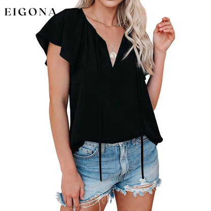 Women's Casual Boho V Neck Tops Drawstring T Shirt Black __stock:200 clothes refund_fee:1200 tops