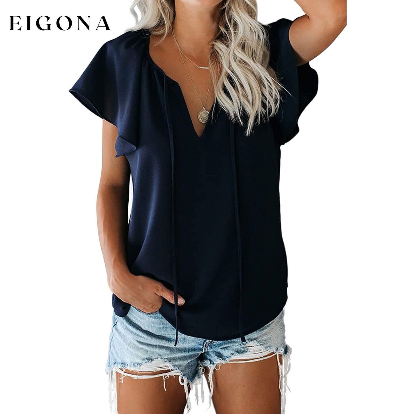 Women's Casual Boho V Neck Tops Drawstring T Shirt Blue __stock:200 clothes refund_fee:1200 tops