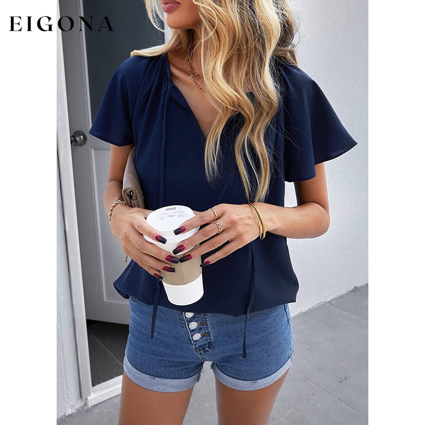 Women's Casual Boho V Neck Tops Drawstring T Shirt __stock:200 clothes refund_fee:1200 tops