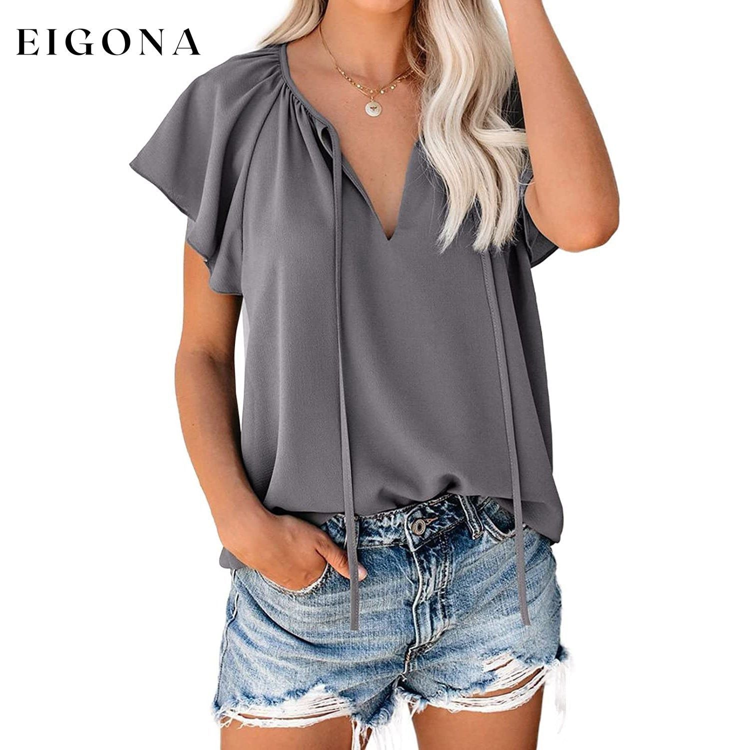 Women's Casual Boho V Neck Tops Drawstring T Shirt Gray __stock:200 clothes refund_fee:1200 tops