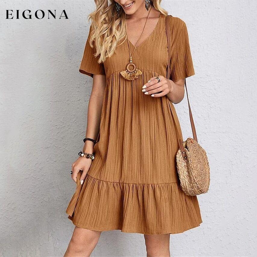 Women's Casual Dress Ruffle V Neck Midi Shift Dress Brown __stock:400 casual dresses clothes dresses refund_fee:1200