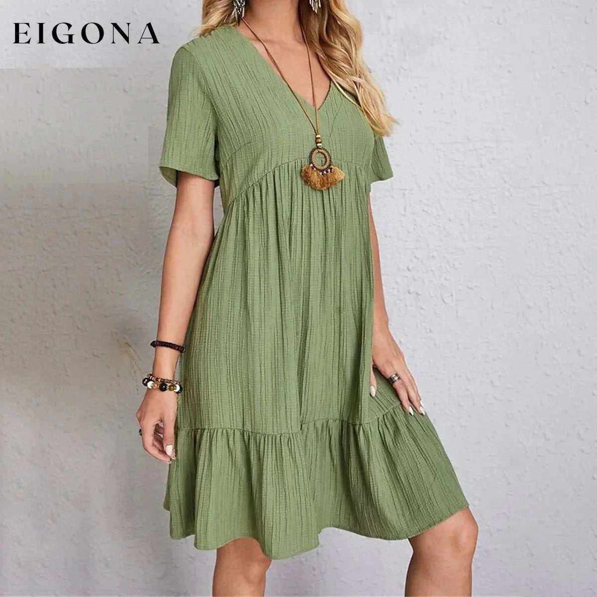 Women's Casual Dress Ruffle V Neck Midi Shift Dress Green __stock:400 casual dresses clothes dresses refund_fee:1200