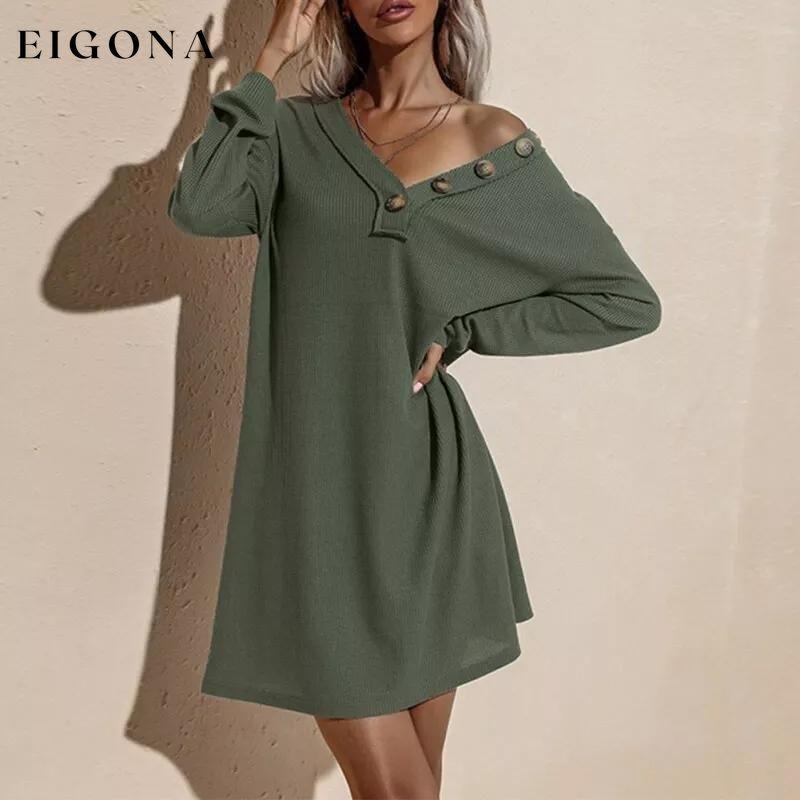 Women's Casual Dresses V-Neck Buttoned Hip Knitted Dresses Army Green __stock:500 casual dresses clothes dresses refund_fee:1200