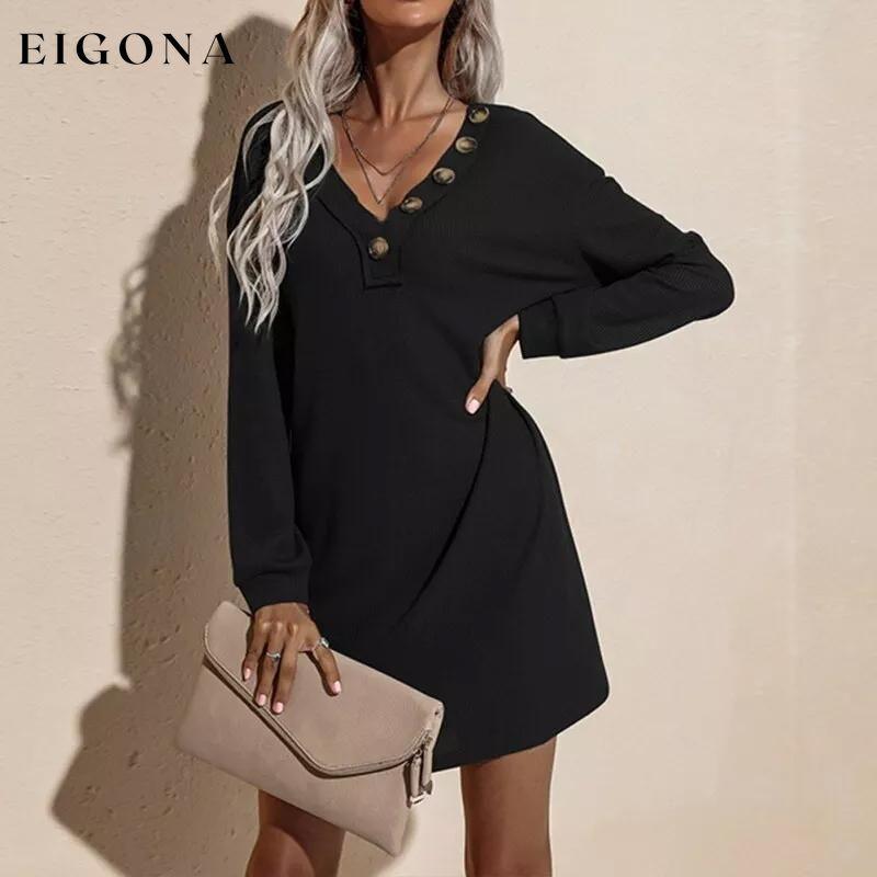 Women's Casual Dresses V-Neck Buttoned Hip Knitted Dresses Black __stock:500 casual dresses clothes dresses refund_fee:1200