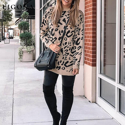 Women’s Casual Leopard Print Long Sleeve Crew Neck Knitted Oversized Pullover Sweaters Tops __stock:100 clothes refund_fee:1200 tops