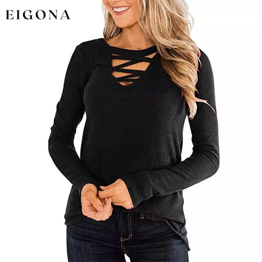 Women's Casual Long Sleeve T-Shirt Criss Cross V-Neck Basic Tees Tops Black __stock:200 clothes refund_fee:1200 tops