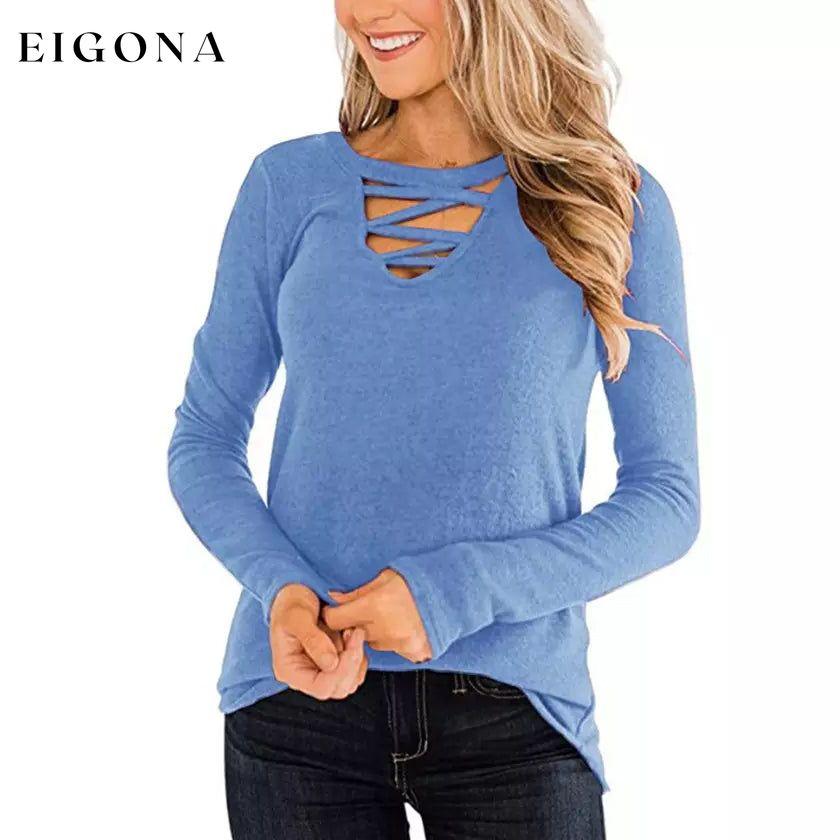 Women's Casual Long Sleeve T-Shirt Criss Cross V-Neck Basic Tees Tops Blue __stock:200 clothes refund_fee:1200 tops