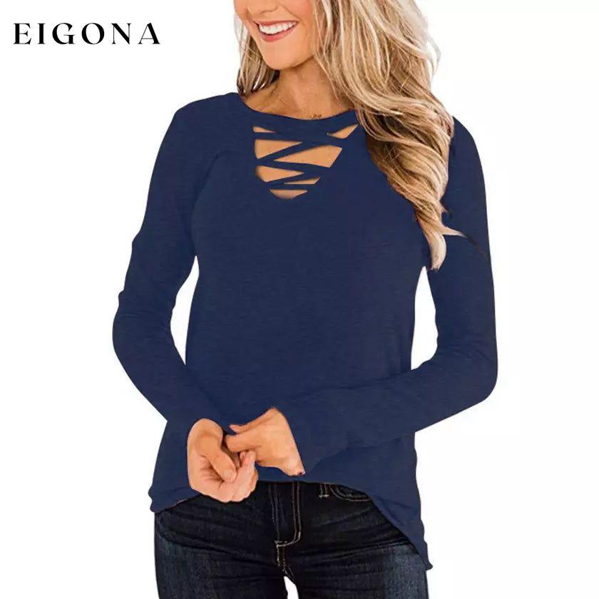 Women's Casual Long Sleeve T-Shirt Criss Cross V-Neck Basic Tees Tops Navy __stock:200 clothes refund_fee:1200 tops