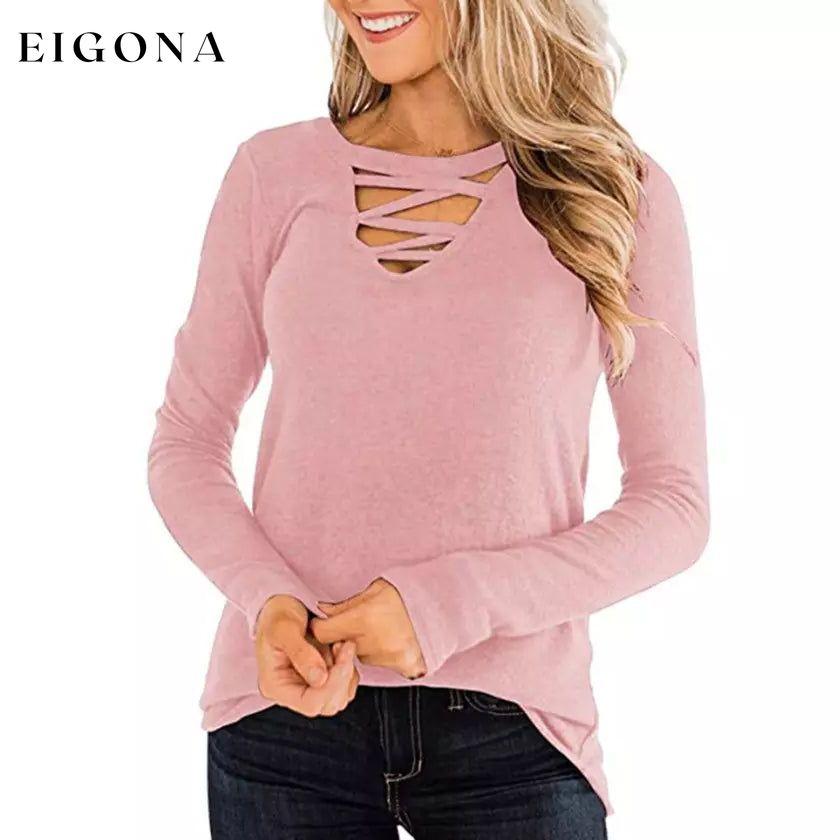 Women's Casual Long Sleeve T-Shirt Criss Cross V-Neck Basic Tees Tops Pink __stock:200 clothes refund_fee:1200 tops