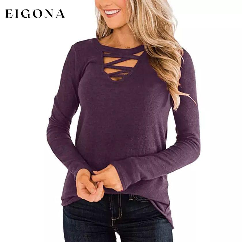 Women's Casual Long Sleeve T-Shirt Criss Cross V-Neck Basic Tees Tops Purple __stock:200 clothes refund_fee:1200 tops