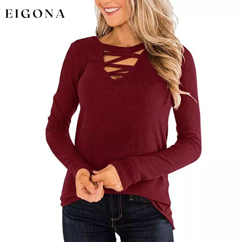 Women's Casual Long Sleeve T-Shirt Criss Cross V-Neck Basic Tees Tops Wine Red __stock:200 clothes refund_fee:1200 tops