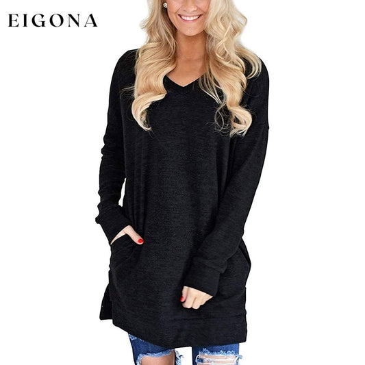Womens Casual Long Sleeves Solid V-Neck Tunics Shirt Tops with Pockets Black __stock:50 clothes refund_fee:800 tops