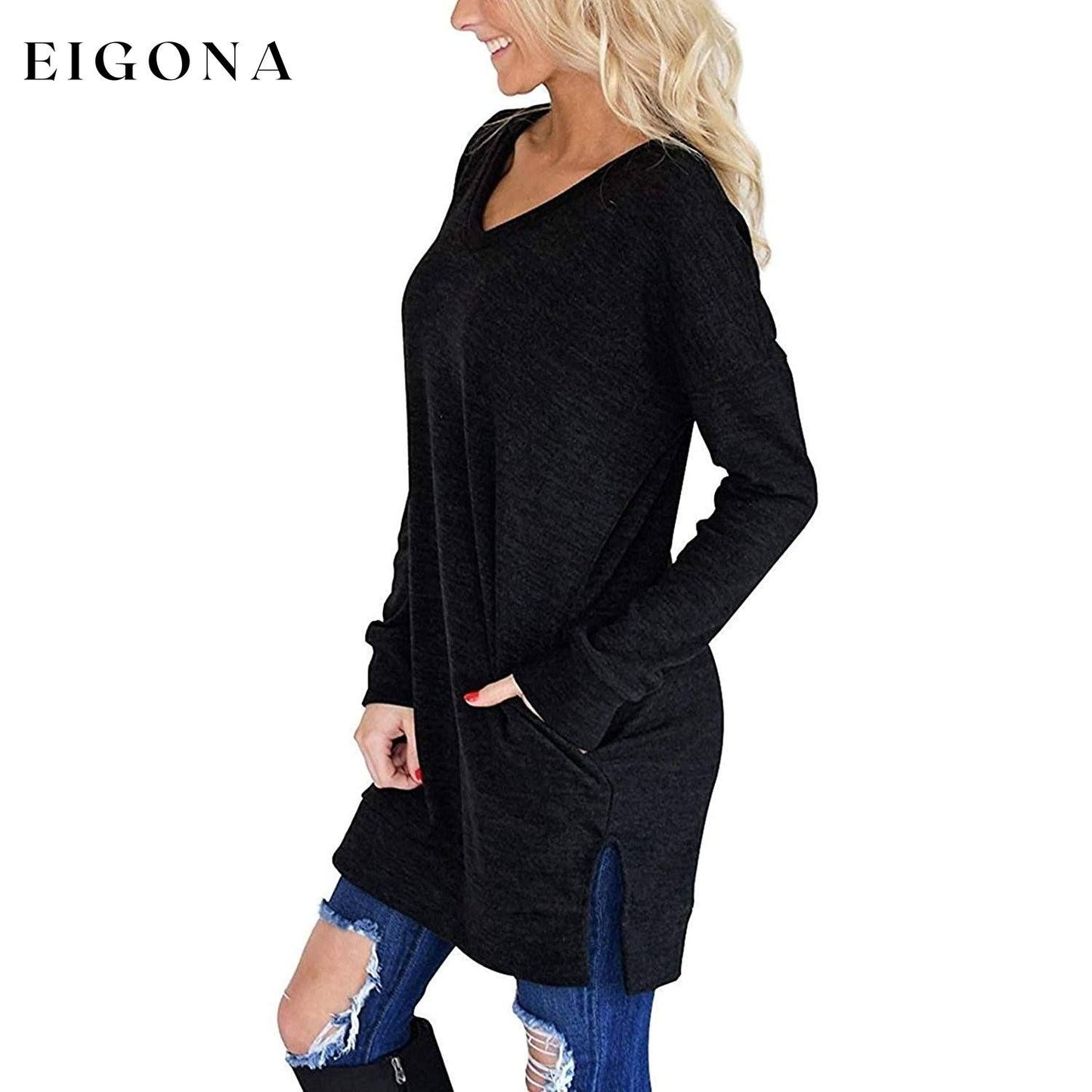 Womens Casual Long Sleeves Solid V-Neck Tunics Shirt Tops with Pockets __stock:50 clothes refund_fee:800 tops