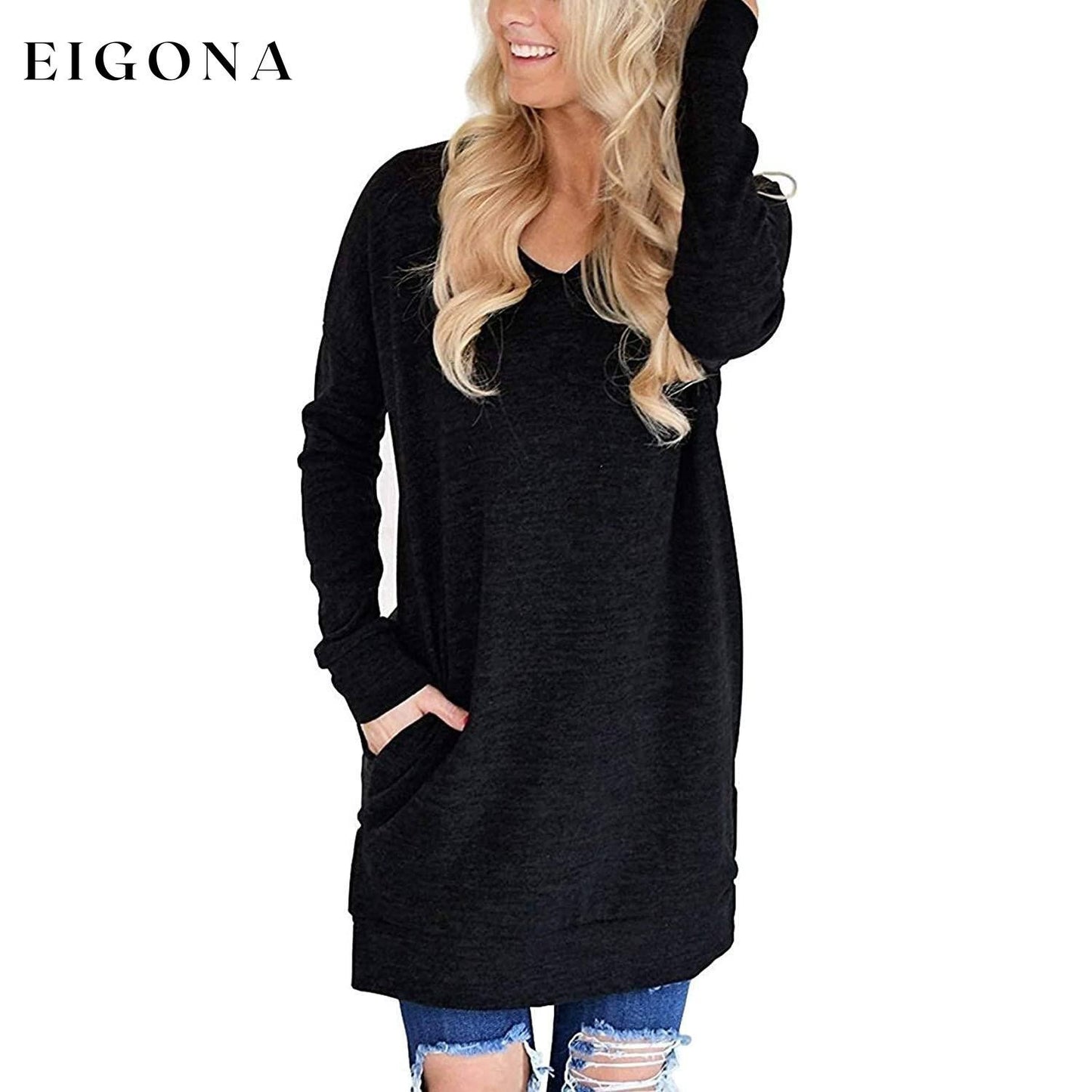 Womens Casual Long Sleeves Solid V-Neck Tunics Shirt Tops with Pockets __stock:50 clothes refund_fee:800 tops