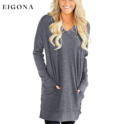 Womens Casual Long Sleeves Solid V-Neck Tunics Shirt Tops with Pockets Dark Gray __stock:50 clothes refund_fee:800 tops