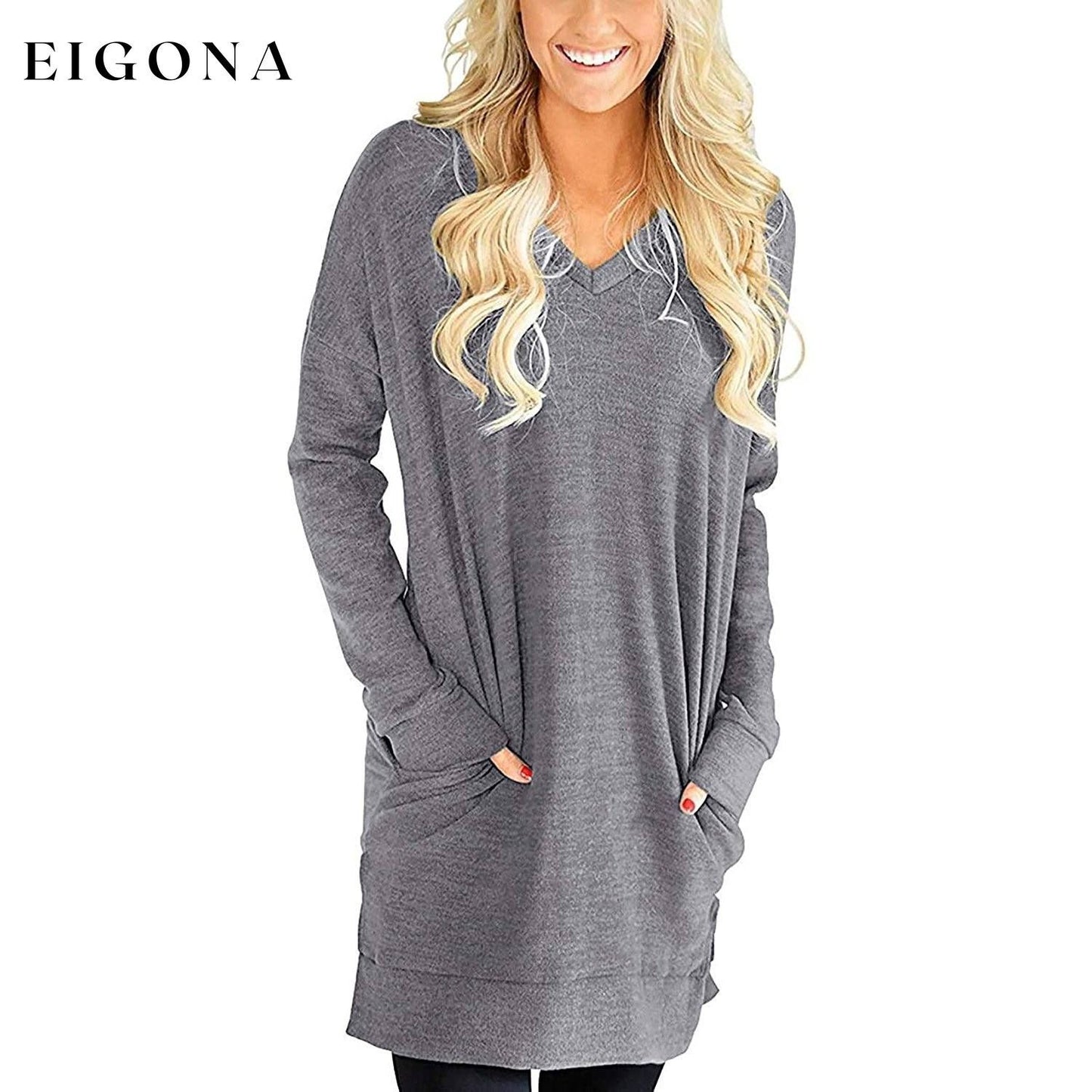 Womens Casual Long Sleeves Solid V-Neck Tunics Shirt Tops with Pockets Gray __stock:50 clothes refund_fee:800 tops
