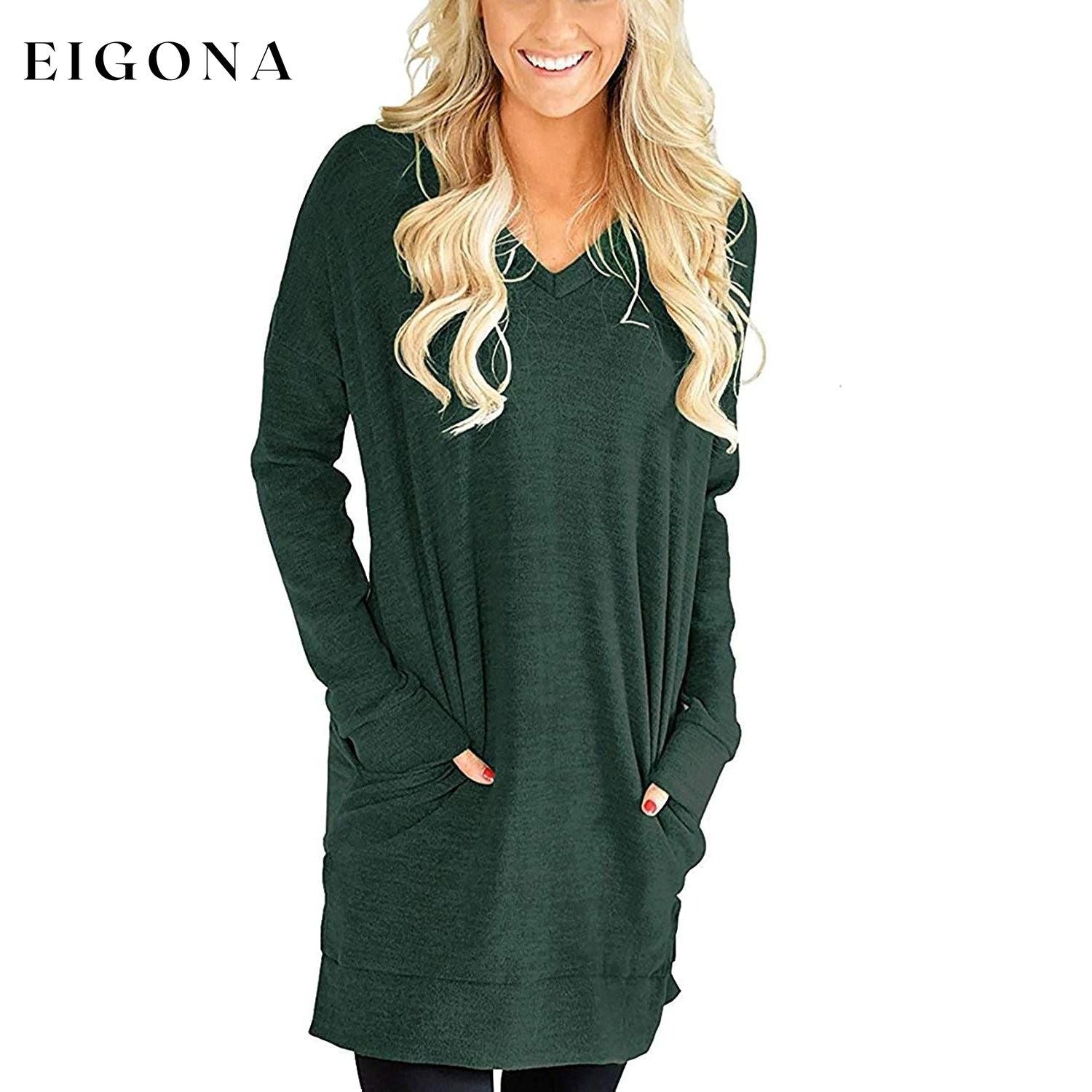 Womens Casual Long Sleeves Solid V-Neck Tunics Shirt Tops with Pockets Green __stock:50 clothes refund_fee:800 tops