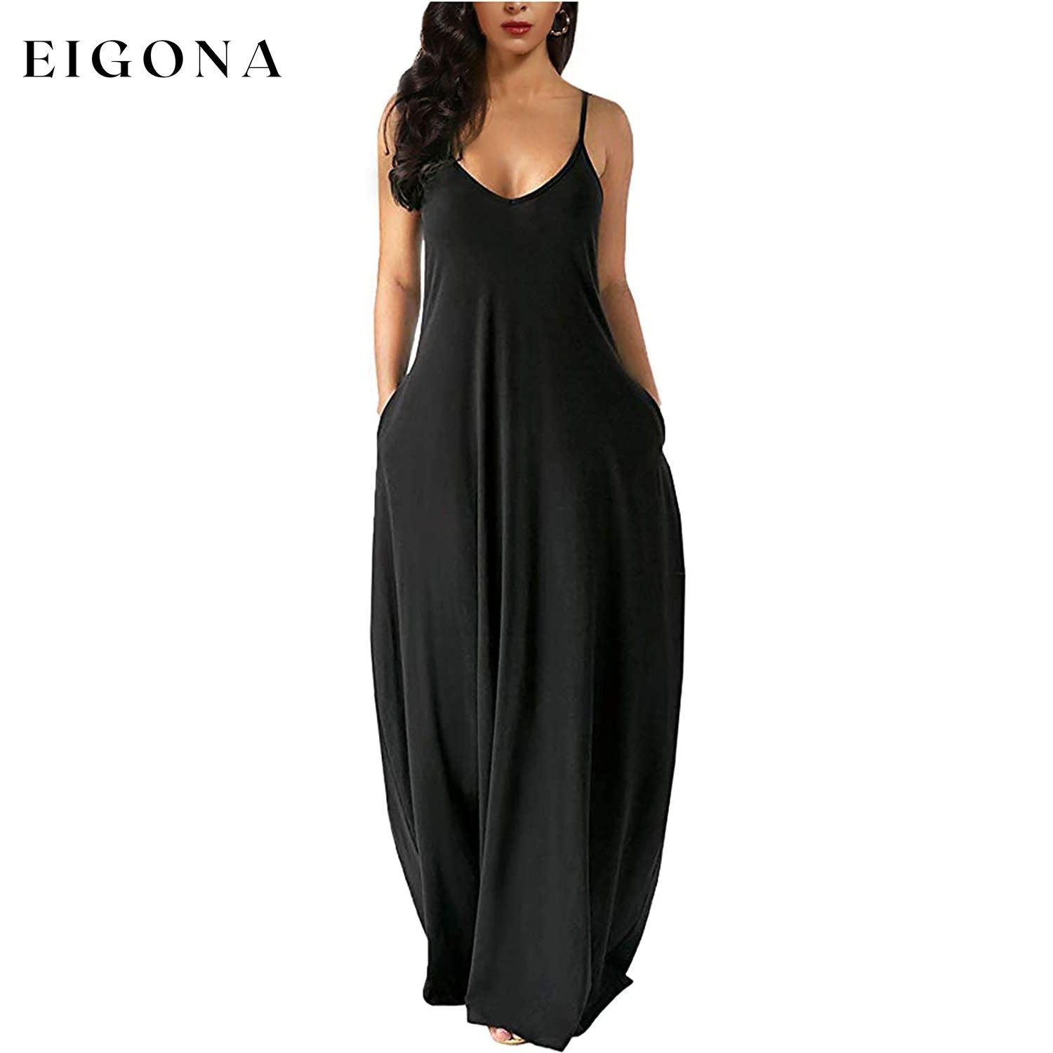 Womens Casual Sleeveless Plus Size Loose Plain Long Maxi Dress with Pockets Black __stock:200 casual dresses clothes dresses refund_fee:1200