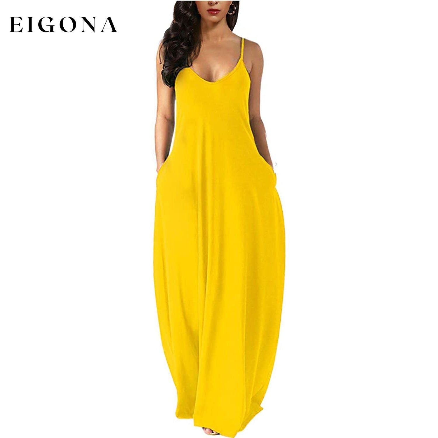Womens Casual Sleeveless Plus Size Loose Plain Long Maxi Dress with Pockets Yellow __stock:200 casual dresses clothes dresses refund_fee:1200
